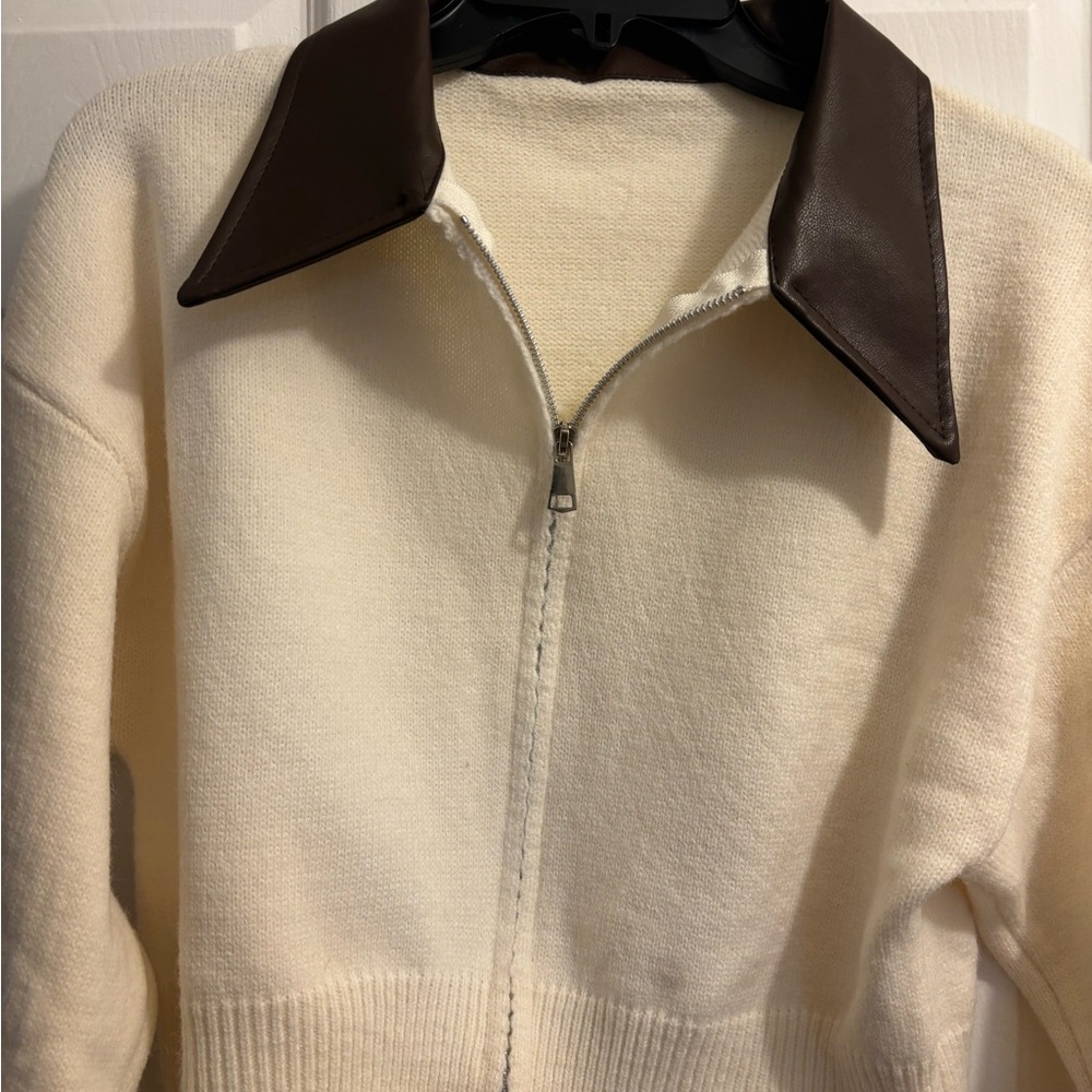 Cream Knit Zip-Up Sweater with Brown Leather Collar